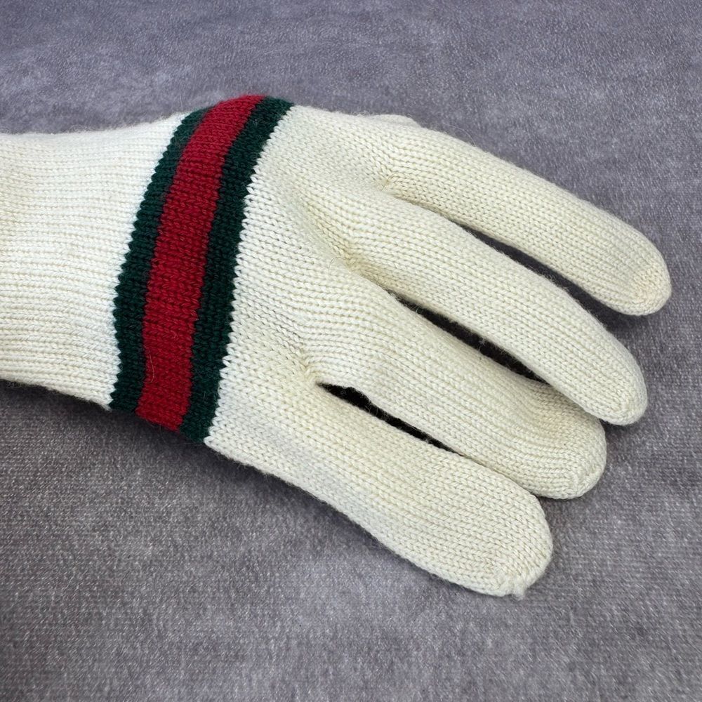Gucci Lambs Wool Cream Knit Web Stripe Gloves Medium - Picture 6 of 8